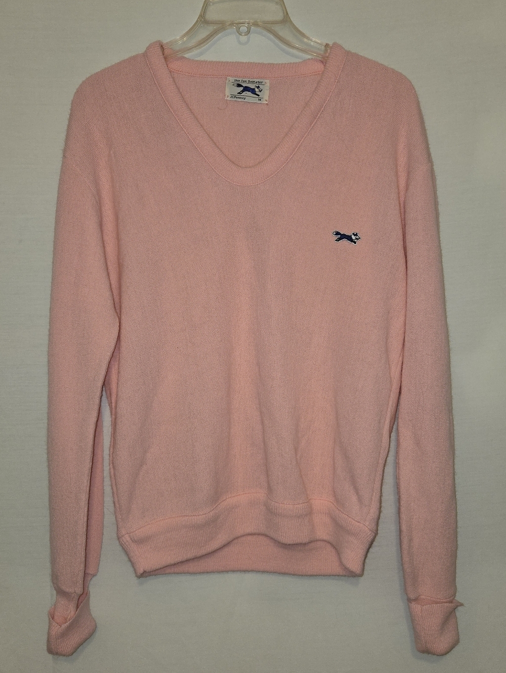 Pink VTG 1980s THE FOX SWEATER Winter White By JC PENNEY V Neck Sweater SZ M